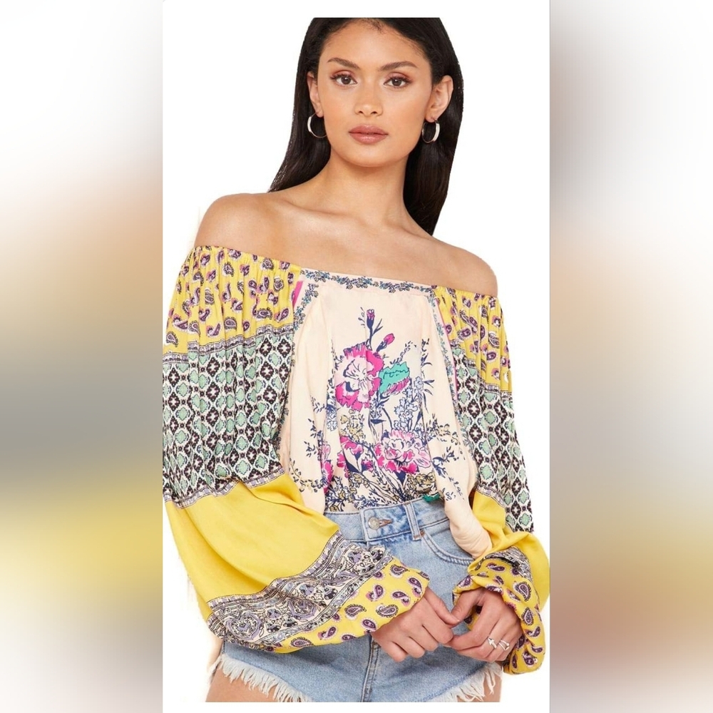 Free People Womens Printed Off-The-Shoulder Pullover Top Size XS (fits‎ larger)